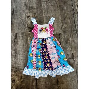 Baby Shark Girls Boutique Patchwork Dress Polka Dot Ruffle Bow Pink Blue Sz L(4)